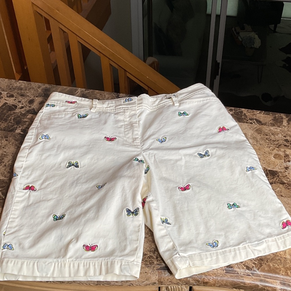 Talbots White/Cream Shorts with Colorful Butterfly Embroidery